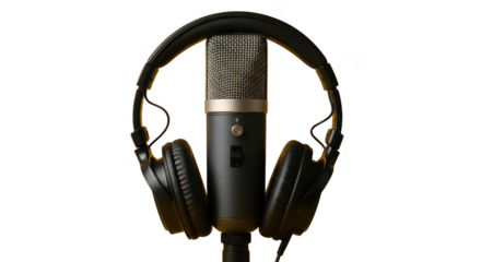 Professional Studio Microphone With Headphones On Black Background