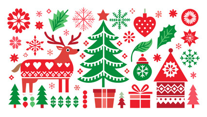 Nordic Christmas Vector Motifs Transparent PNG Elements Pack Isolated on White Background – Scandinavian Holiday Pattern, Folk Art, and Winter Design Collection
