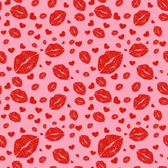 Seamless Red Lips and Hearts Pattern on Pink Background