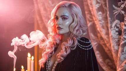 Glamorous witch with glitter makeup and pink hair surrounded by rose-colored smoke, elegant Halloween vibe
