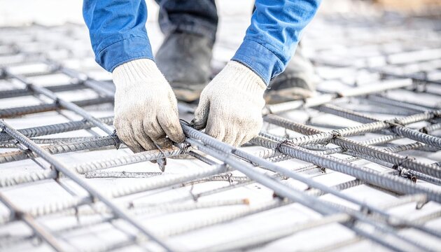 Reinforced Concrete Structure Concept,Hands assembling rebar cage, detail shot of concrete reinforcement, no people visible