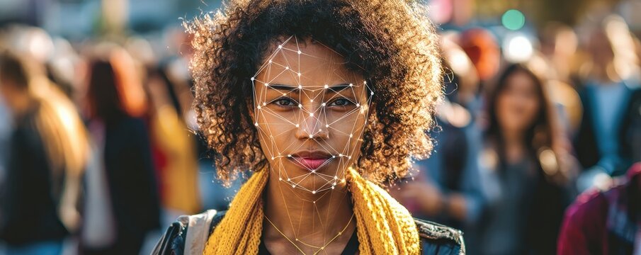 A woman with curly hair stands in a crowd, her face covered in a geometric overlay, symbolizing digital identity and technology's impact on society.