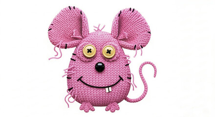 A quirky knitted pink mouse toy with oversized button eyes, visible black stitching, yarn ends, and a snaggletooth smile.