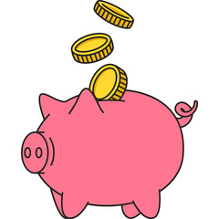 Pink Piggy Bank Collecting Gold Coins in Cartoon Style