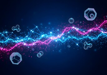 An abstract data background with a luminous network of nodes and flowing particles. Floating 3D geometric shapes like dodecahedrons integrate into this vibrant data visualization for tech.
