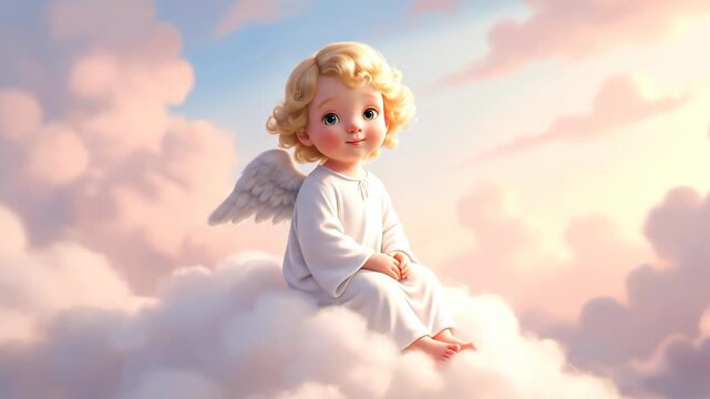 A cute baby angel with wings sitting on a cloud. Animated cherub looks up and smiles in a heavenly sky. Innocence and spirituality concept