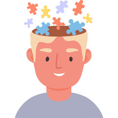 Man With Blonde Hair And Peach Skin Smiling With Colorful Puzzle Pieces Floating Above His Open Head Against A White Background