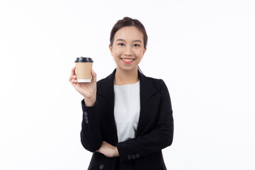 Fototapeta premium Portrait young asian businesswoman in suit holding a coffee cup isolated white background, business woman relax with drinking coffee or beverage with satisfied, business and expression positive.