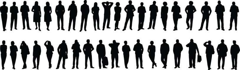 Silhouette people collection, standing poses, business men women, casual figures, human posture variety, vector illustration, crowd diversity, lifestyle concept, design template,