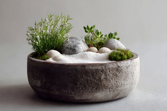 a bowl with rocks and plants in it