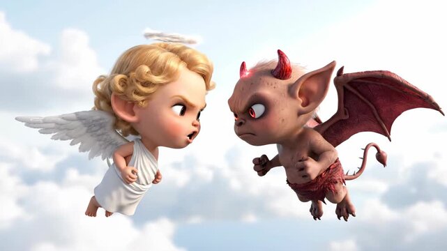 A cute animated angel and devil fighting in the sky. Cartoon characters arguing with angry expressions. The concept of good versus evil
