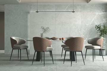 Modern vila's dining hall interior with gray and white shaded mat tiled flooring, quartz elements, and cozy hanging lighting on table. Beautiful ambiance. 3D Rendering