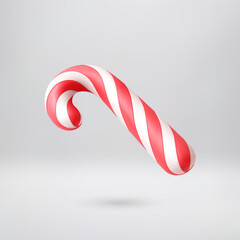 3D Red and white striped candy cane. Sweet traditional Christmas treat. Holiday season dessert for New Year celebration. Vector illustration