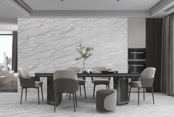 Closeup of a dining room interior featuring marble on wall, window wall besides the table, kitchen behind. 3D Rendering

