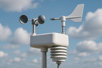 Modern weather station against a bright, cloudy blue sky. Devices measure wind speed, direction, and temperature accurately.