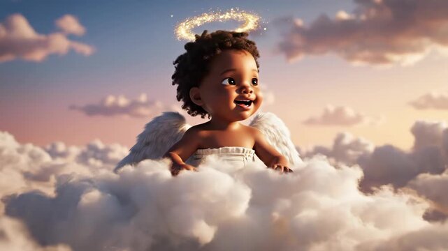 An adorable animated Black baby angel with a halo appears from the clouds. A cute cherub character smiles happily in a heavenly sky. Innocence and new life concept