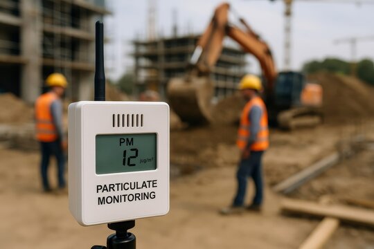 Construction site air quality monitored by a white particulate monitoring device. Workers and heavy machinery are blurred in the background.