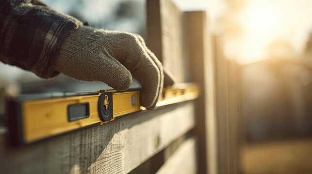 Worker uses level to check wooden fence construction in sunlight.