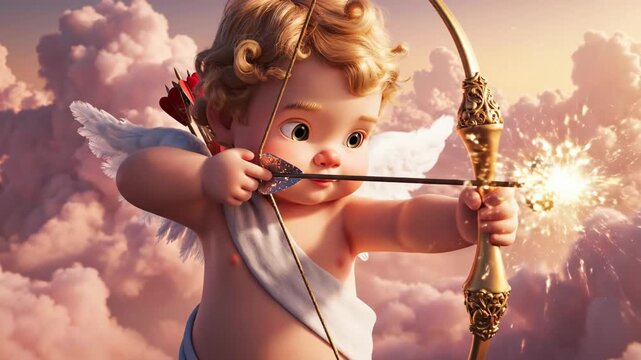 Animated Cupid with a bow and arrow flying in the clouds. Cute cherub aims a magical sparkling heart arrow. Valentine's Day romance concept