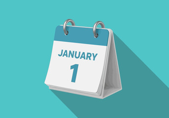 Illustrated desktop calendar showing January 1st, symbolizing new year beginnings and fresh starts in a clean flat design vector graphic