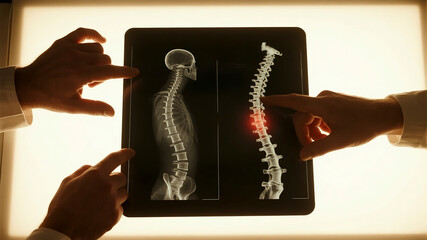 Storytelling top-down view of two doctors' hands pointing at a spinal x-ray on a light box, implying collaborative diagnosis