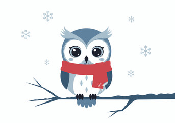 Charming Winter Owl with a Red Scarf on a Branch Amidst Snowflakes - Image_fx (43)