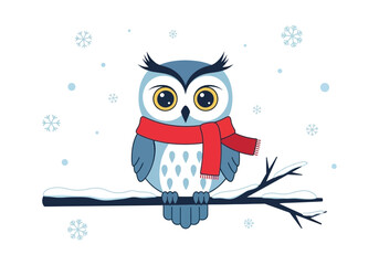 Winter wonderland graphic cute owl in red scarf on snowy branch with snowflakes