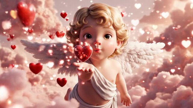 An animated cute cupid blowing a kiss of glowing hearts. A 3D cherub angel flying in pink clouds. Valentine's Day romance and love concept