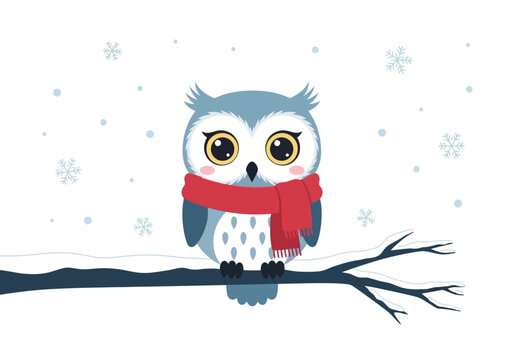 Cute Owl Sitting on a Branch with Red Scarf in Winter