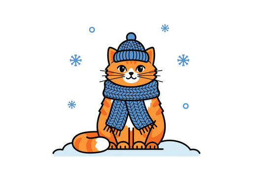 Cute Orange Cat Wearing A Winter Hat And Scarf In The Snow
