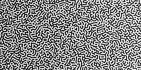 Fototapeta premium Abstract truing organic wallpaper Turing reaction diffusion monochrome seamless pattern with chaotic motion. Generative algorithm psychedelic background. Reaction-diffusion or truing pattern formation
