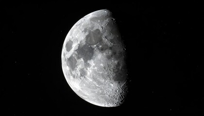 Detailed view of the moon's surface illuminated against a dark starry night sky showing craters and lunar landscape