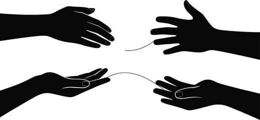 Silhouette hands connection unity, teamwork partnership support, abstract communication gesture, human interaction reaching touch, symbolic cooperation illustration