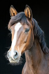 Obraz premium Powerful red stallion stands majestically against a dark background showcasing strength and beauty in close-up view