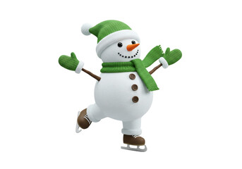Isolated Snowman Wearing a Green Hat and Scarf Ice Skating with a Happy Expression