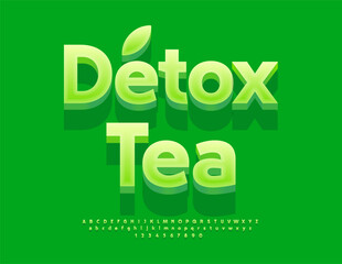 Vector Eco label Detox Tea. Modern Green 3D Font. Classic Alphabet Letters and Numbers set.