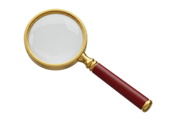 Isolated magnifier with brown wooden handle for searching information, investigation