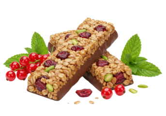 Isolated delicious healthy granola bars with chocolate coating oats cranberries pistachios red currants and fresh mint leaves nutritious snack food