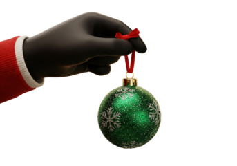 Isolated hand in black glove holding sparkling green Christmas ornament with silver snowflakes and red ribbon festive holiday decoration