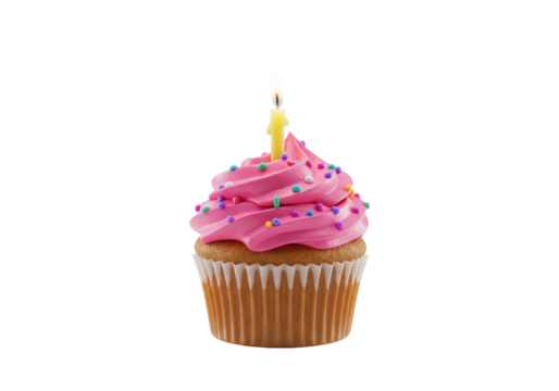 Isolated delicious birthday cupcake with vibrant pink frosting and colorful sprinkles topped with a glowing yellow candle a sweet celebratory treat