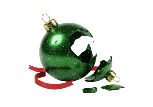 Isolated broken green Christmas ornament with sparkling glitter and a flowing red ribbon shattered festive holiday decoration for winter season celebration - Powered by Adobe