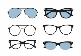 Various fashionable spectacles and sunglasses on white background