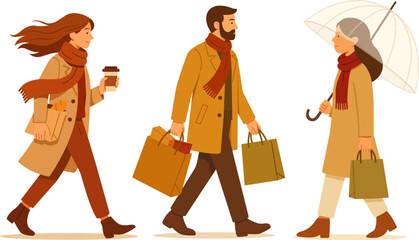 Flat vector illustration of three people walking outdoors in autumn clothes. A woman with coffee, a man with shopping bags, and a woman with umbrella. Perfect for lifestyle or seasonal design.