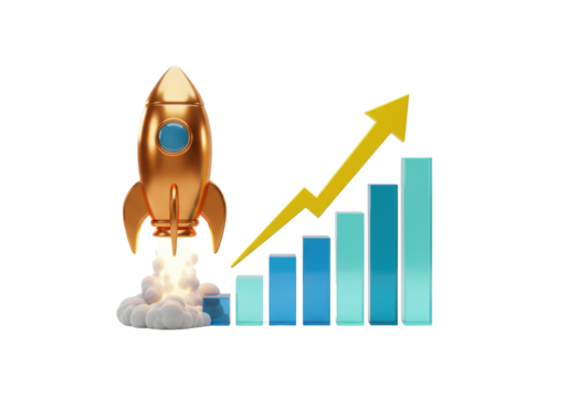 Golden rocket launching with growth chart PNG illustration isolated on transparent background Business startup concept
