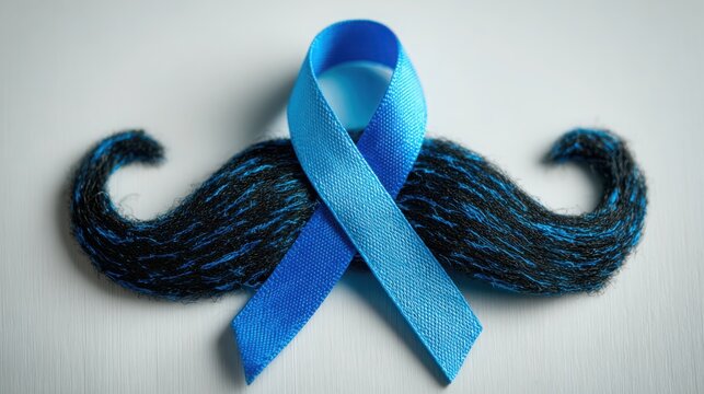 Black mustache with blue awareness ribbon on neutral background, symbolizing movember, men’s health, prostate cancer and solidarity in preventing male disease