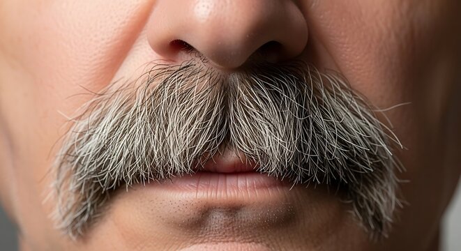 A macro shot of a handlebar moustache with curled tips, sharp focus on hair strands and texture, professional grooming detail, 8k
