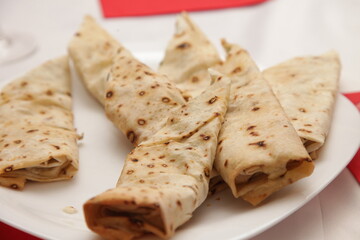 thin pancakes, with filling, stacked on a plate, food, snack, delicious, appetizing, toasted, handmade, homemade
