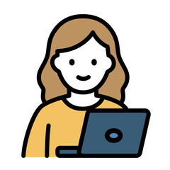 ノートパソコンで作業する女性のフラットデザインイラスト