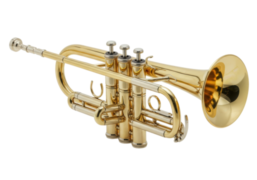 Golden trumpet PNG isolated on transparent background for music instrument design projects Brass wind instrument