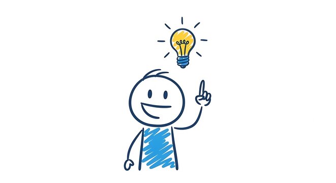 Hand drawn stick figure character pointing to a glowing lightbulb idea.